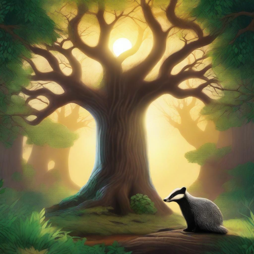 A serene scene featuring a badger standing before the majestic Tree of Life in a fantasy setting