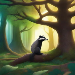 A serene scene featuring a badger standing before the majestic Tree of Life in a fantasy setting