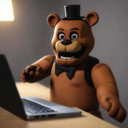 Freddy Fazbear from Five Nights at Freddy's engaging in a captivating game of Roblox. He is enthusiastically controlling his virtual counterpart through the diverse worlds and adventures of the game.