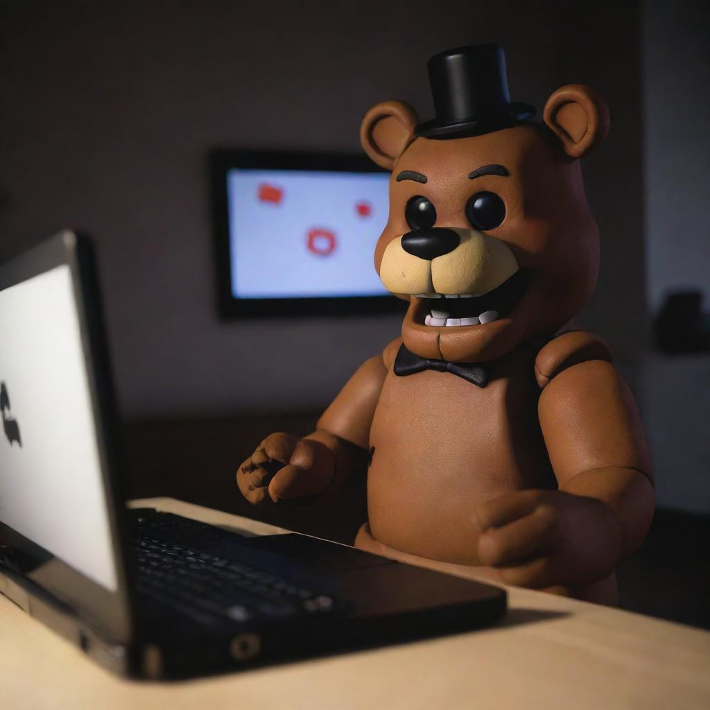 Freddy Fazbear from Five Nights at Freddy's engaging in a captivating game of Roblox. He is enthusiastically controlling his virtual counterpart through the diverse worlds and adventures of the game.