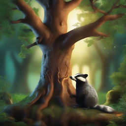 A dramatic scene of a badger guarding the Tree of Life in a fantasy setting