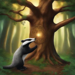 A dramatic scene of a badger guarding the Tree of Life in a fantasy setting