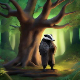 A dramatic scene of a badger guarding the Tree of Life in a fantasy setting