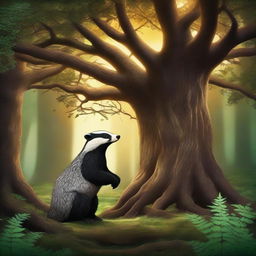 A dramatic scene of a badger guarding the Tree of Life in a fantasy setting