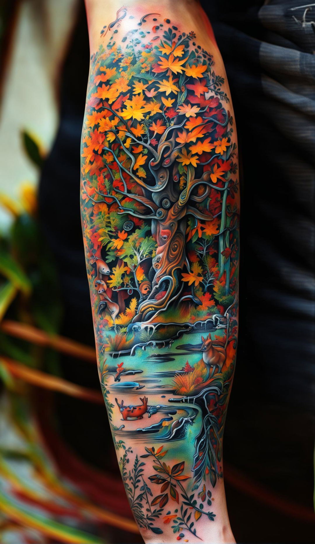 An intricate nature-based arm tattoo stretching from shoulder to wrist featuring an oak tree with squirrels, a flowing river, wildflowers, grasses and deer drinking water.