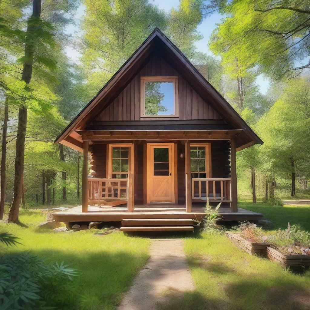 A cozy one-bedroom countryside cabin, surrounded by lush greenery and tall trees