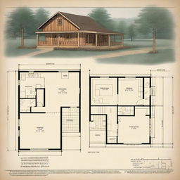 Detailed architectural floor plans of a one-bedroom countryside cabin