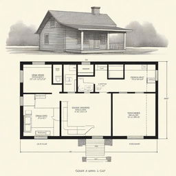 Detailed architectural floor plans of a one-bedroom countryside cabin