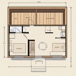 Detailed architectural floor plans of a one-bedroom countryside cabin