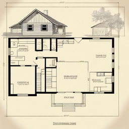 Detailed architectural floor plans of a one-bedroom countryside cabin