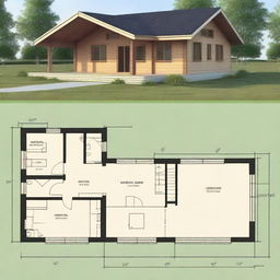 Detailed architectural floor plans of a 7x4 meter countryside cabin with a front gallery