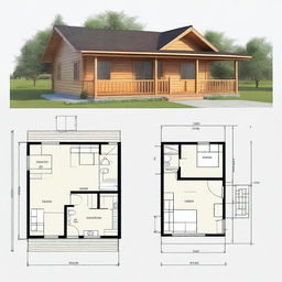 Detailed architectural floor plans of a 7x4 meter countryside cabin with a front gallery