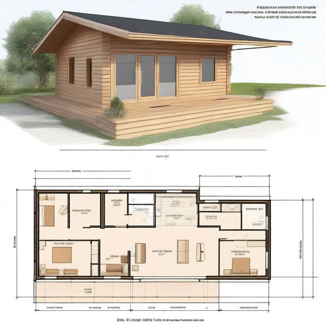 Detailed architectural floor plans of a 7x4 meter countryside cabin with a front gallery