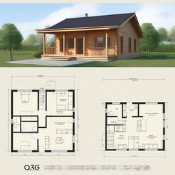 Detailed architectural floor plans of a 7x4 meter countryside cabin with a front gallery