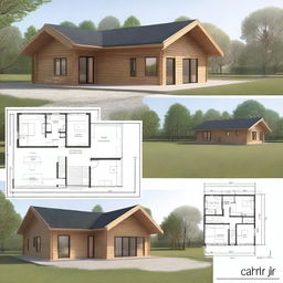 Architectural floor plans of a countryside cabin with a surface area of 7x4 meters, including a front gallery