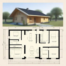 Architectural floor plans of a countryside cabin with a surface area of 7x4 meters, including a front gallery