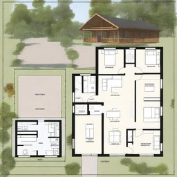 Architectural floor plans of a countryside cabin with a surface area of 7x4 meters, including a front gallery