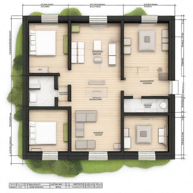 Architectural floor plans of a countryside cabin with a surface area of 7x4 meters, including a front gallery