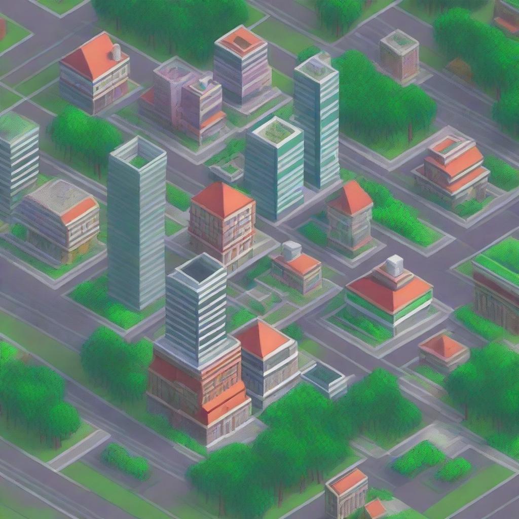 An isometric pixel art city with detailed buildings, streets, and greenery