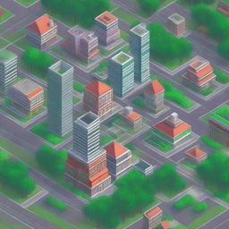 An isometric pixel art city with detailed buildings, streets, and greenery