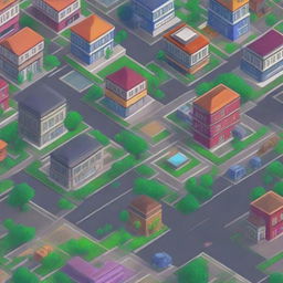 An isometric pixel art city with detailed buildings, streets, and greenery