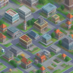 An isometric pixel art city with detailed buildings, streets, and greenery