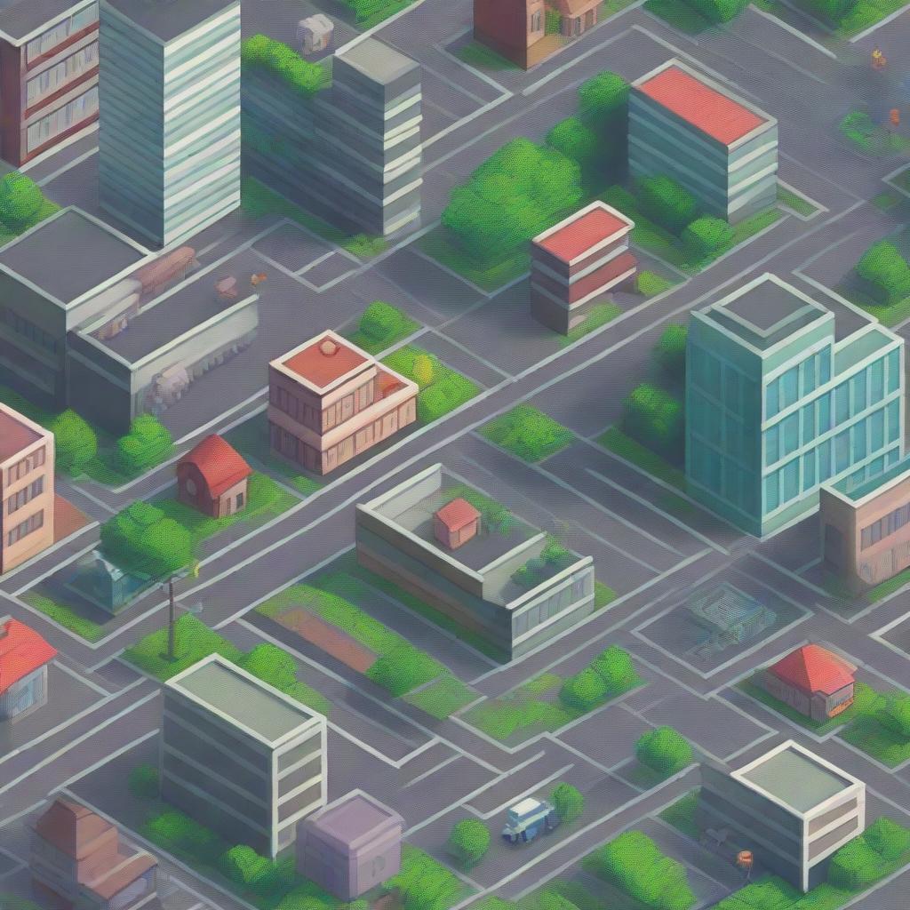 An isometric pixel art city with detailed buildings, streets, and greenery