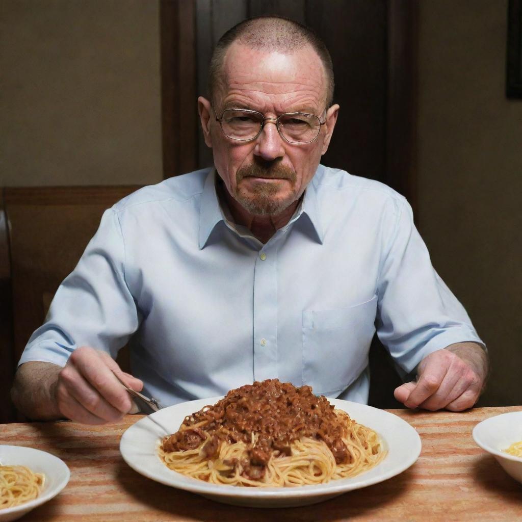 Walter White, the iconic character from Breaking Bad, sitting at a dinner table enjoying a plate of delicious spaghetti, his facial expression revealing satisfaction.