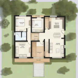 Architectural floor plans of a countryside cabin with a surface area of 7x4 meters, featuring a front gallery