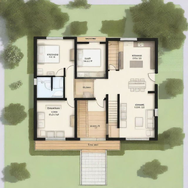 Architectural floor plans of a countryside cabin with a surface area of 7x4 meters, featuring a front gallery