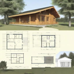 Architectural floor plans of a countryside cabin with a surface area of 7x4 meters, featuring a front gallery