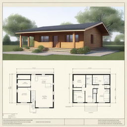 Architectural floor plans of a countryside cabin with a surface area of 7x4 meters, featuring a front gallery