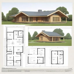 Architectural floor plans of a countryside cabin with a surface area of 7x4 meters, featuring a front gallery