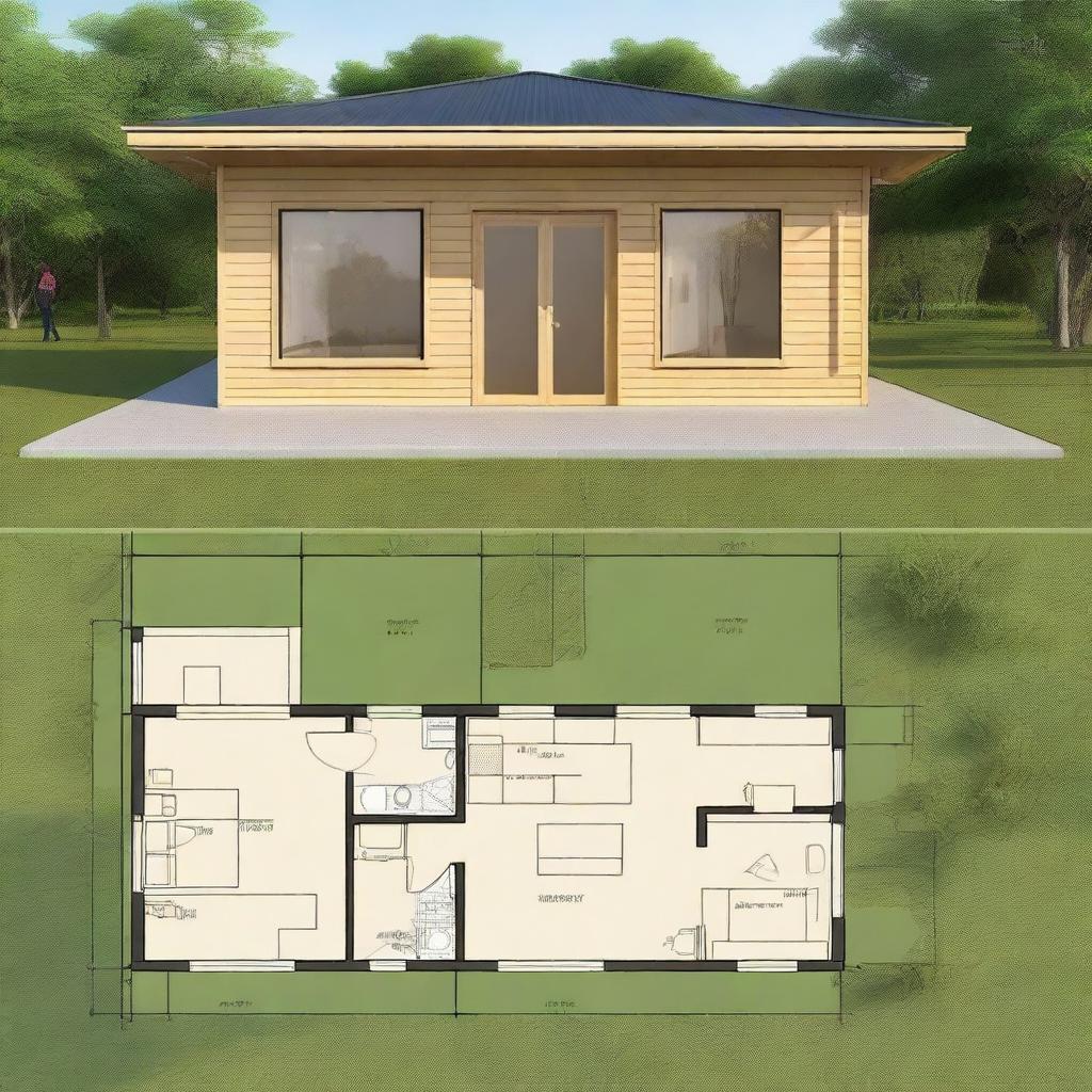 Architectural floor plans of a 7x4 meter countryside cabin with a front gallery and one bedroom