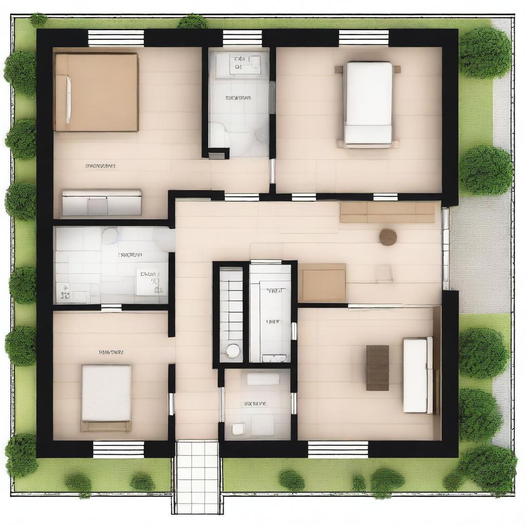 Architectural floor plans of a 7x4 meter countryside cabin with a front gallery and one bedroom