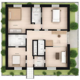 Architectural floor plans of a 7x4 meter countryside cabin with a front gallery and one bedroom