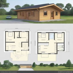 Architectural floor plans of a 7x4 meter countryside cabin with a front gallery and one bedroom