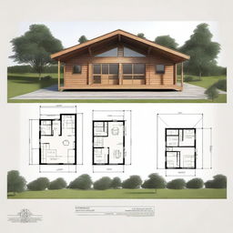 Architectural floor plans of a 7x4 meter countryside cabin with a front gallery and one bedroom