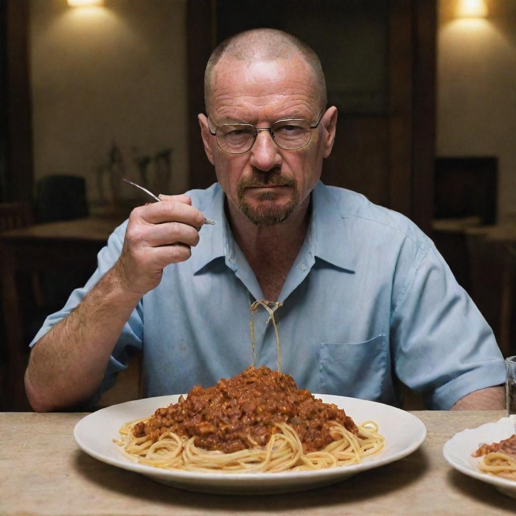 Walter White, the iconic character from Breaking Bad, sitting at a dinner table enjoying a plate of delicious spaghetti, his facial expression revealing satisfaction.