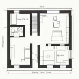 A detailed floor plan of a one-bedroom country house measuring 7 meters by 4 meters, including a gallery