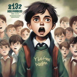 A book cover featuring a young boy being sent to a new school, looking scared as his classmates appear menacing and intimidating