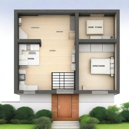 A linear small house plan with one bedroom and a gallery