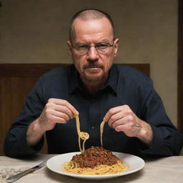 Walter White, the iconic character from Breaking Bad, sitting at a dinner table enjoying a plate of delicious spaghetti, his facial expression revealing satisfaction.