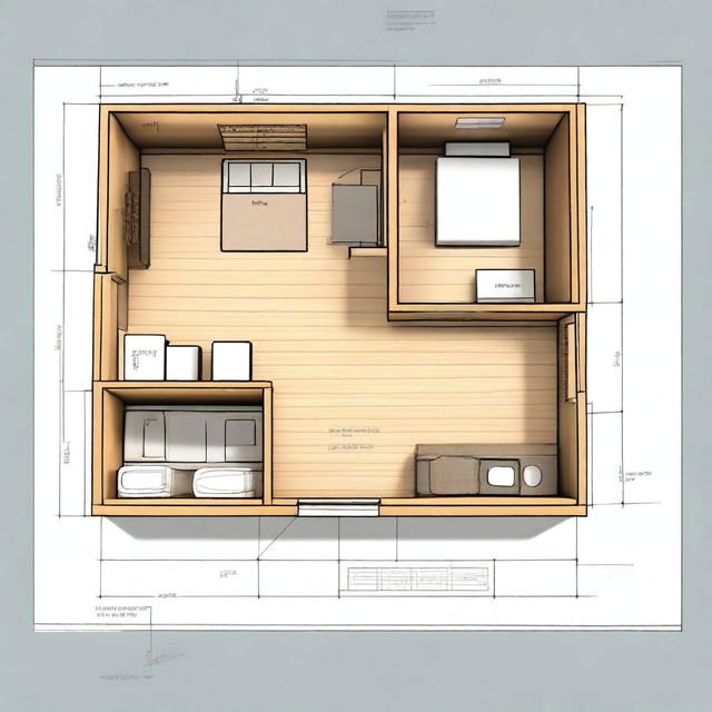 Blueprints of a small cabin with one bedroom and a linear gallery, including a small living room and kitchenette