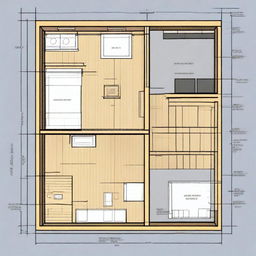 Blueprints of a small cabin with one bedroom and a linear gallery, including a small living room and kitchenette