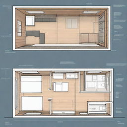 Blueprints of a small cabin with one bedroom and a linear gallery, including a small living room and kitchenette