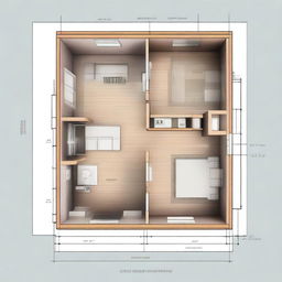 Blueprints of a small cabin with one bedroom and a linear gallery, including a small living room and kitchenette