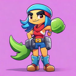 A dynamic and fierce female brawler named Ryan, themed around dinosaurs and food, designed for the game Brawl Stars