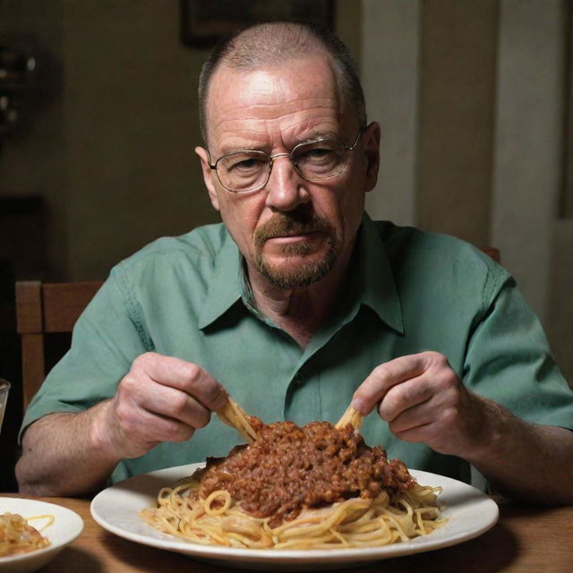 Walter White, the iconic character from Breaking Bad, sitting at a dinner table enjoying a plate of delicious spaghetti, his facial expression revealing satisfaction.