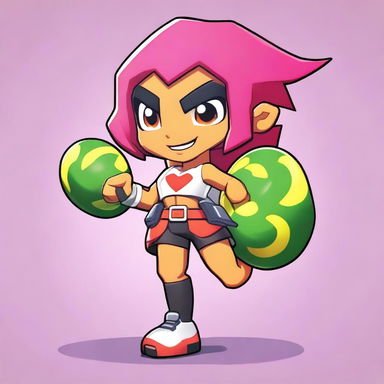 A dynamic and fierce female brawler named Ryan, themed around dinosaurs and food, designed for the game Brawl Stars